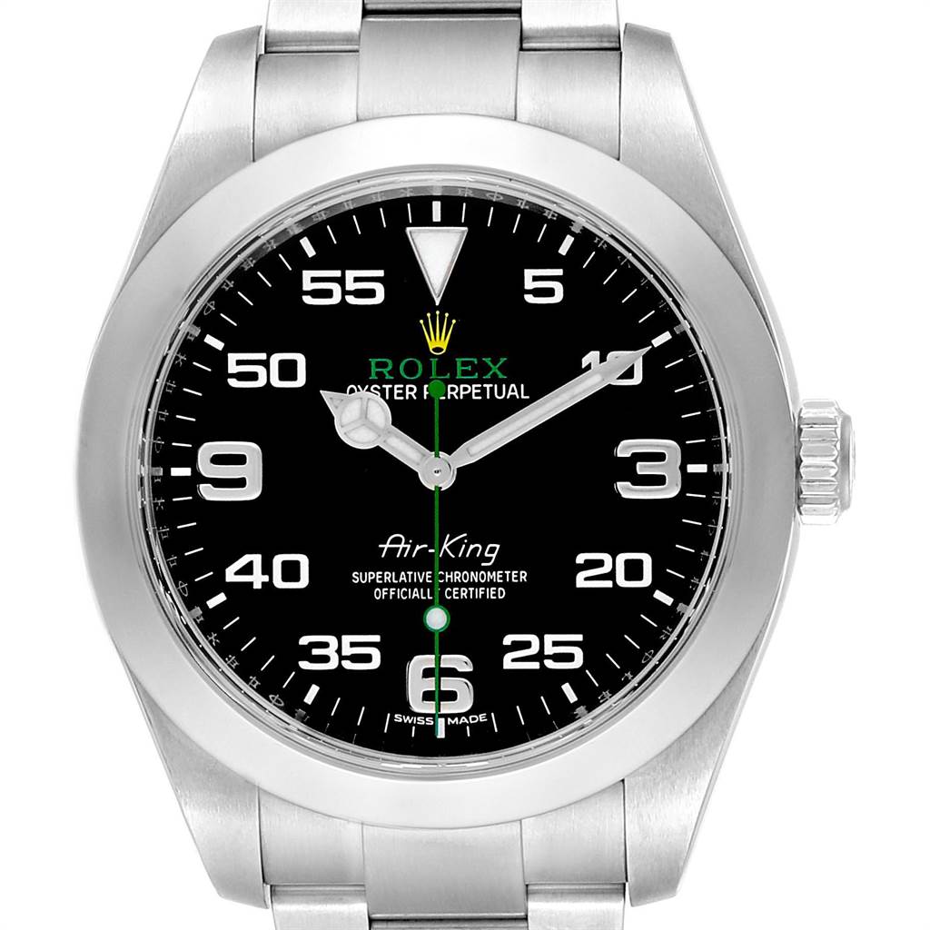 This image displays a front view of the Rolex Air-King 116900 Men's Stainless Steel Black Dial 116900 Men's Stainless Steel Black Dial watch, showcasing its dial, hands, case, and part of the bracelet.