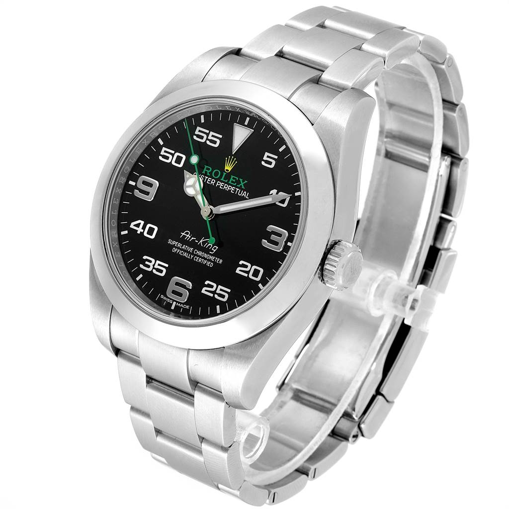 The Rolex Air-King 116900 Men's Stainless Steel Black Dial 116900 Men's Stainless Steel Black Dial is shown at a slight angle, displaying its face, bezel, crown, and bracelet.