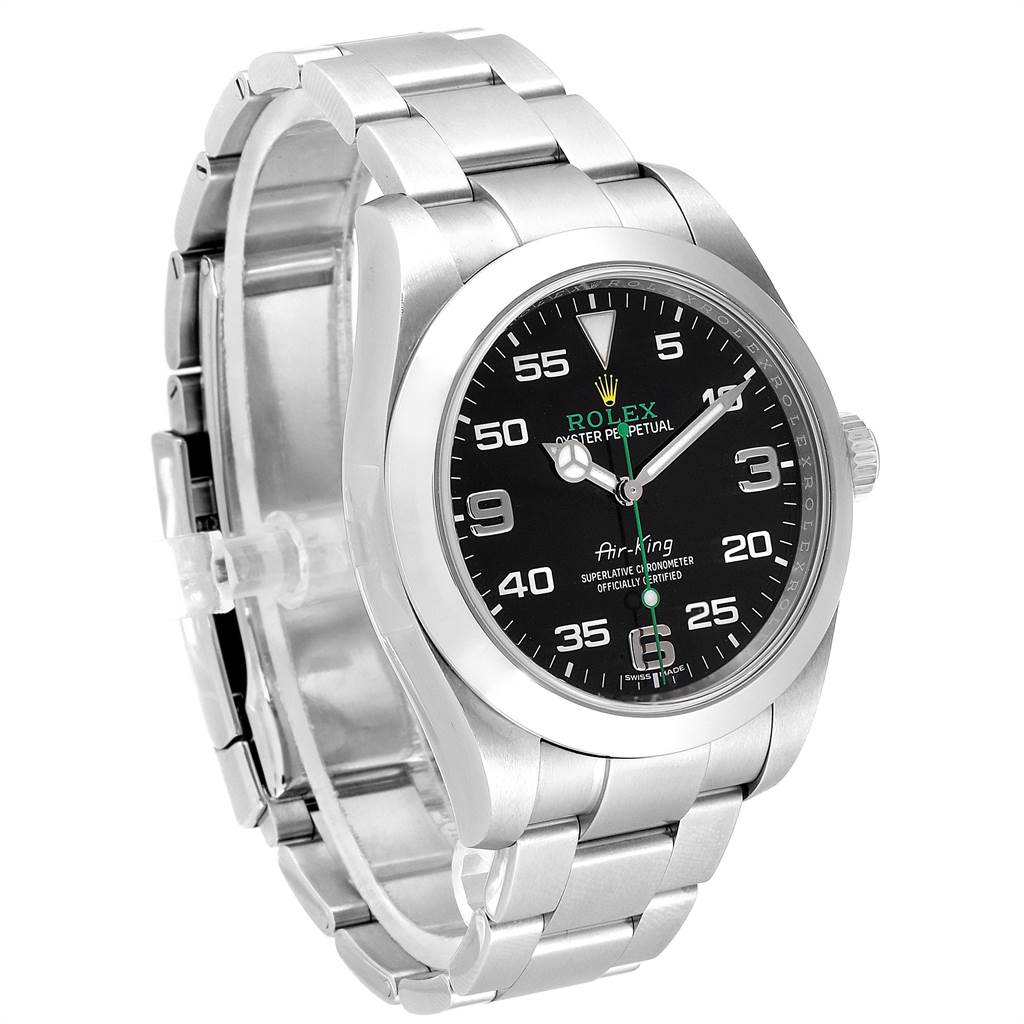The Rolex Air-King 116900 Men's Stainless Steel Black Dial 116900 Men's Stainless Steel Black Dial watch is shown at a slight angle, displaying the face, bezel, crown, and part of the bracelet.