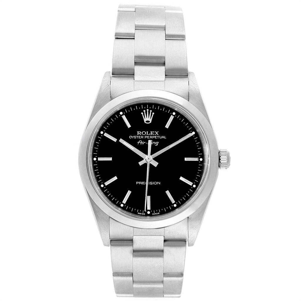 The image shows a Rolex Air-King 14000 Men's Stainless Steel Black Dial 14000 Men's Stainless Steel Black Dial watch from a front angle, displaying the dial, hands, bracelet, and crown.