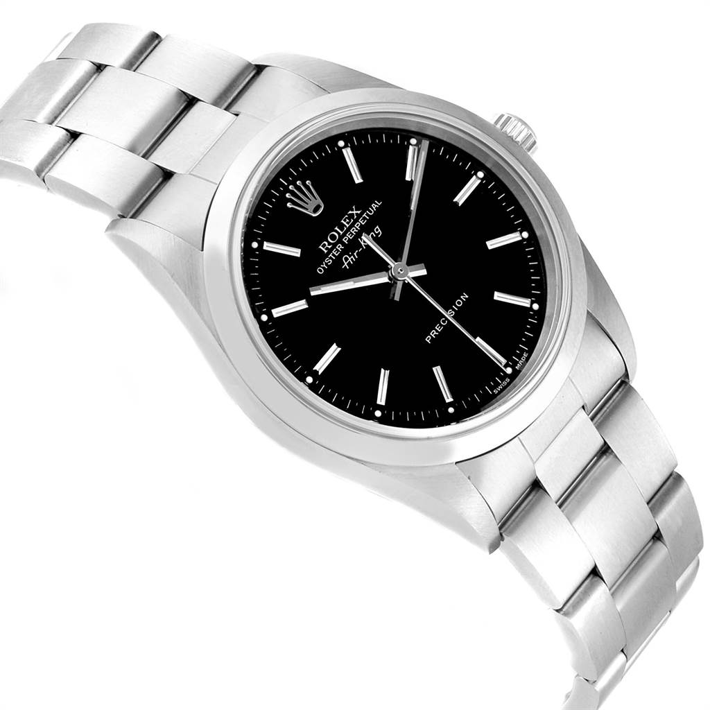 This image shows a Rolex Air-King 14000 Men's Stainless Steel Black Dial 14000 Men's Stainless Steel Black Dial watch from a top-side angle featuring the face, bezel, bracelet, and crown.