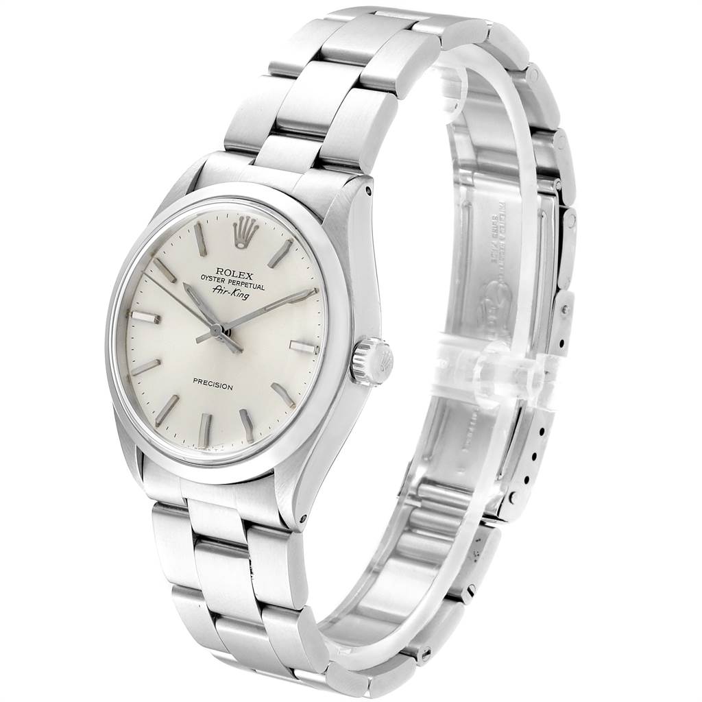 The Rolex Air-King 5500 Men's Stainless Steel Silver Dial 5500 Men's Stainless Steel Silver Dial watch is shown at a slight angle, highlighting the face, bezel, crown, and bracelet.