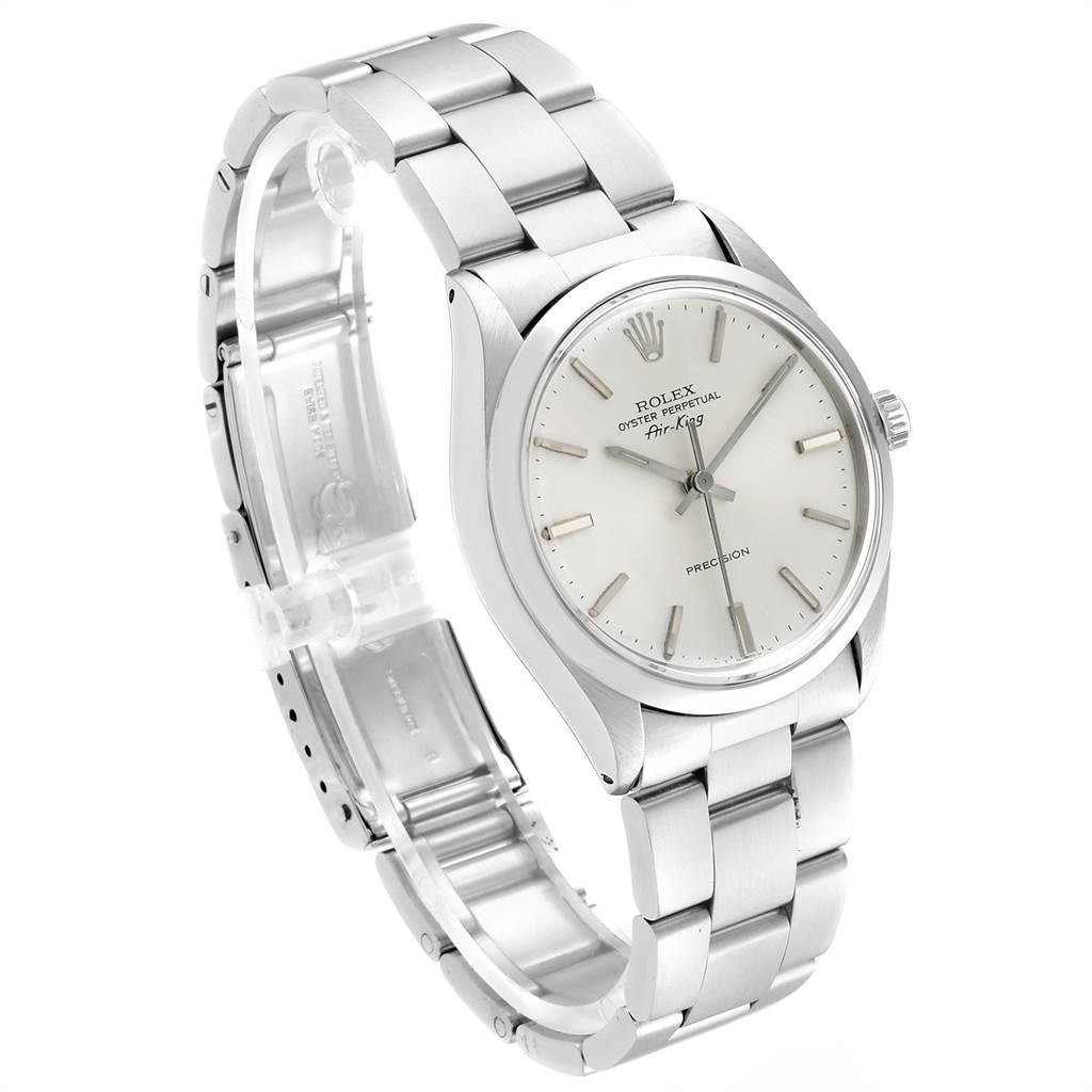 The image shows the full Rolex Air-King 5500 Men's Stainless Steel Silver Dial 5500 Men's Stainless Steel Silver Dial watch at a slightly angled side view, highlighting the face, case, and bracelet.