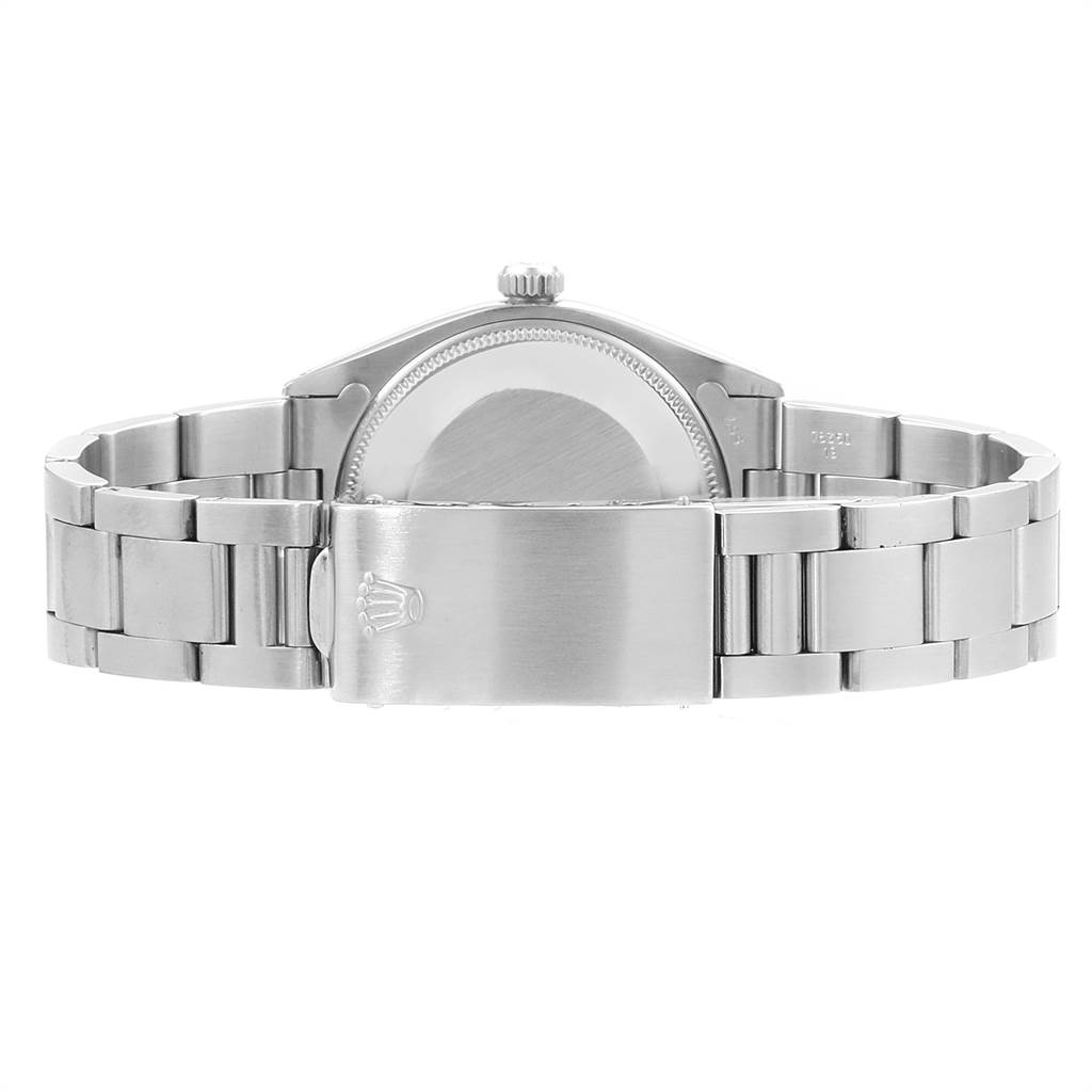 The image shows the rear view of the Rolex Air-King 5500 Men's Stainless Steel Silver Dial 5500 Men's Stainless Steel Silver Dial watch, highlighting its case back and clasp.
