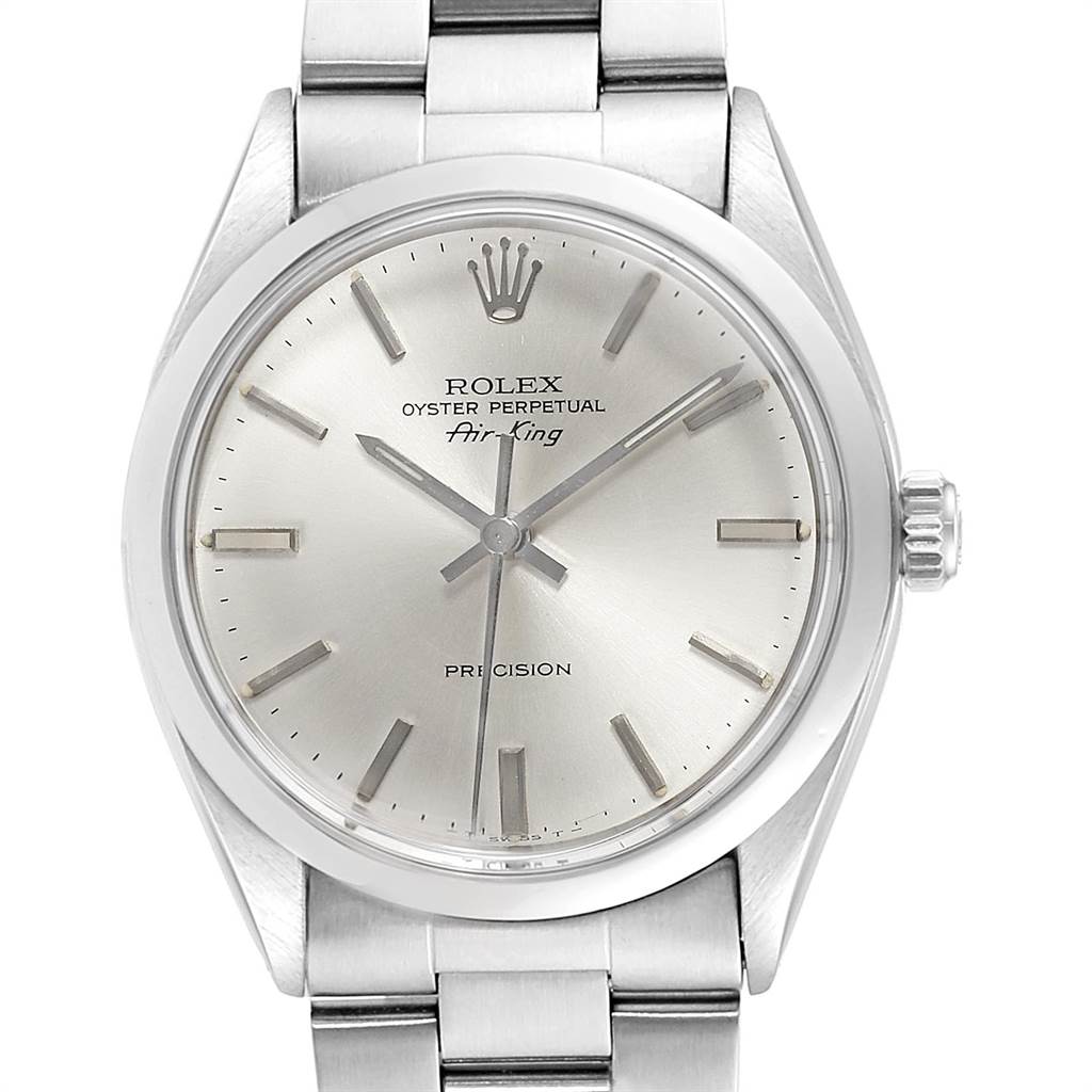 The Rolex Air-King 5500 Men's Stainless Steel Silver Dial 5500 Men's Stainless Steel Silver Dial watch is shown from a top-down angle, displaying the face, crown, and part of the bracelet.