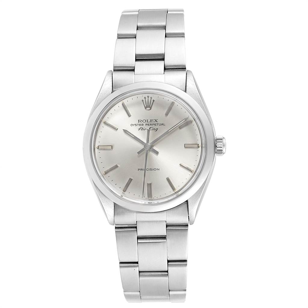 The image shows a frontal view of the Rolex Air-King 5500 Men's Stainless Steel Silver Dial 5500 Men's Stainless Steel Silver Dial watch, displaying its face, bezel, and bracelet.