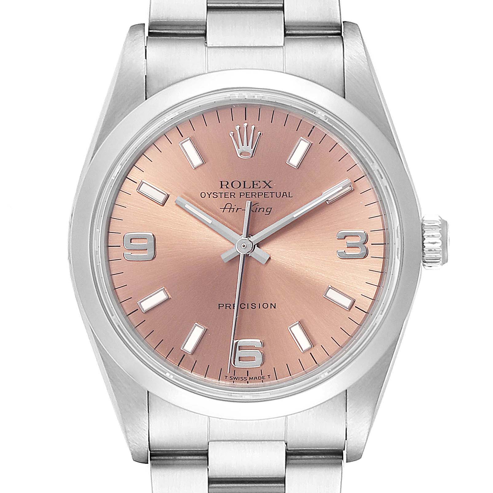 The image shows a front view of a Rolex Air-King 14000 Men's Stainless Steel Pink Dial 14000 Men's Stainless Steel Pink Dial watch, highlighting its dial, hour markers, hands, crown, and stainless steel bracelet.