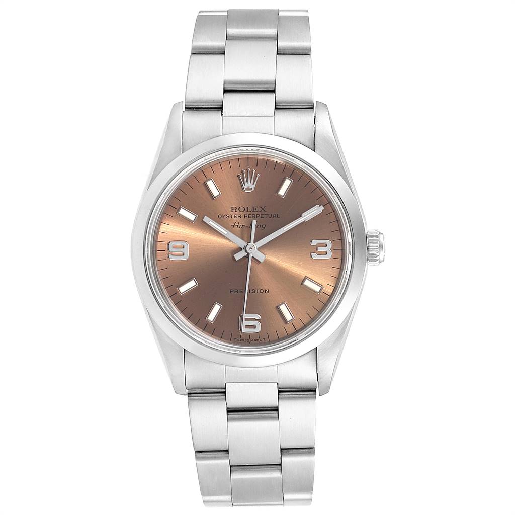 The image shows a frontal view of a Rolex Air-King 14000 Men's Stainless Steel Pink Dial 14000 Men's Stainless Steel Pink Dial watch, displaying its dial, hands, case, and bracelet.