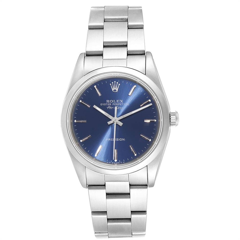 This image shows a front view of the Rolex Air-King 14000 Men's Stainless Steel Blue Dial 14000 Men's Stainless Steel Blue Dial watch, highlighting its dial, bezel, and bracelet.
