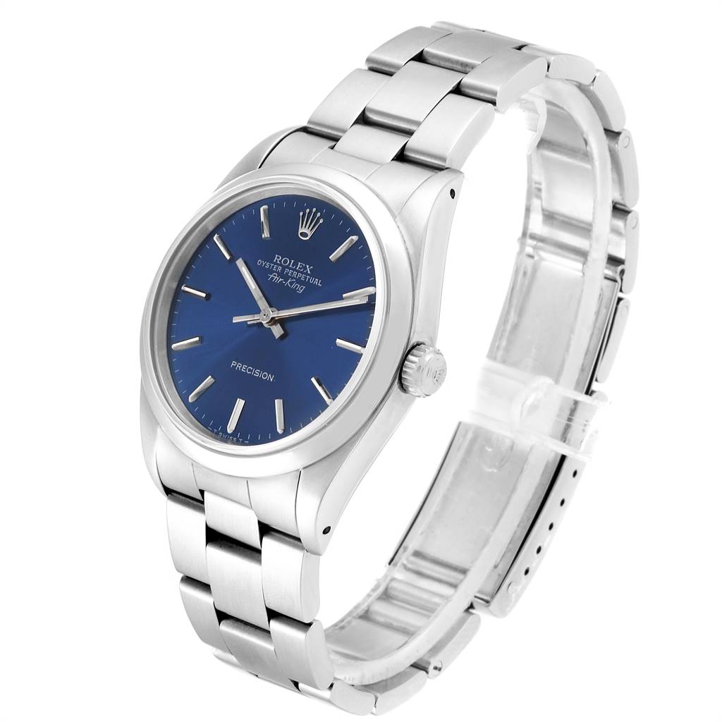 This image shows a Rolex Air-King 14000 Men's Stainless Steel Blue Dial 14000 Men's Stainless Steel Blue Dial watch angled to display its face, crown, and stainless steel bracelet.