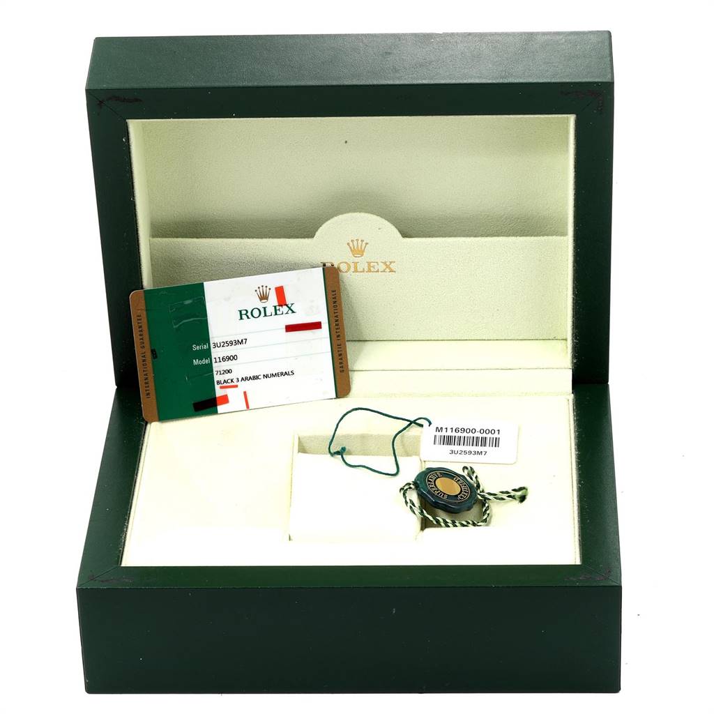 The image shows an open Rolex Air-King 116900 Men's Stainless Steel Black Dial 116900 Men's Stainless Steel Black Dial watch box with a warranty card and a tag inside.