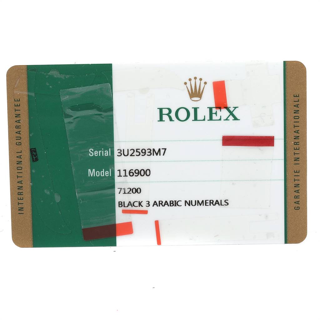 This is a Rolex International Guarantee card for the Air-King model 116900, showing serial number and model details.