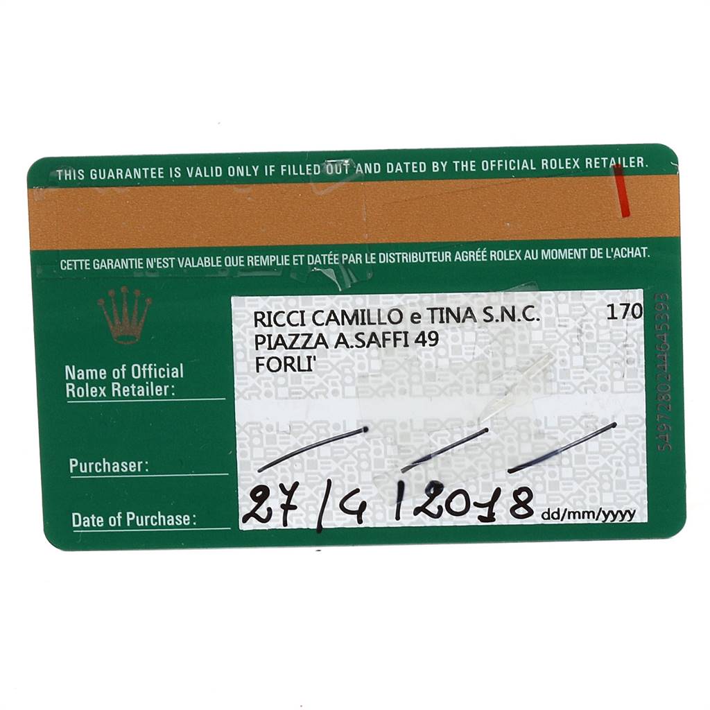 This is an official warranty card for a Rolex Air-King 116900 Men's Stainless Steel Black Dial 116900 Men's Stainless Steel Black Dial watch, showing retailer information and purchase date.