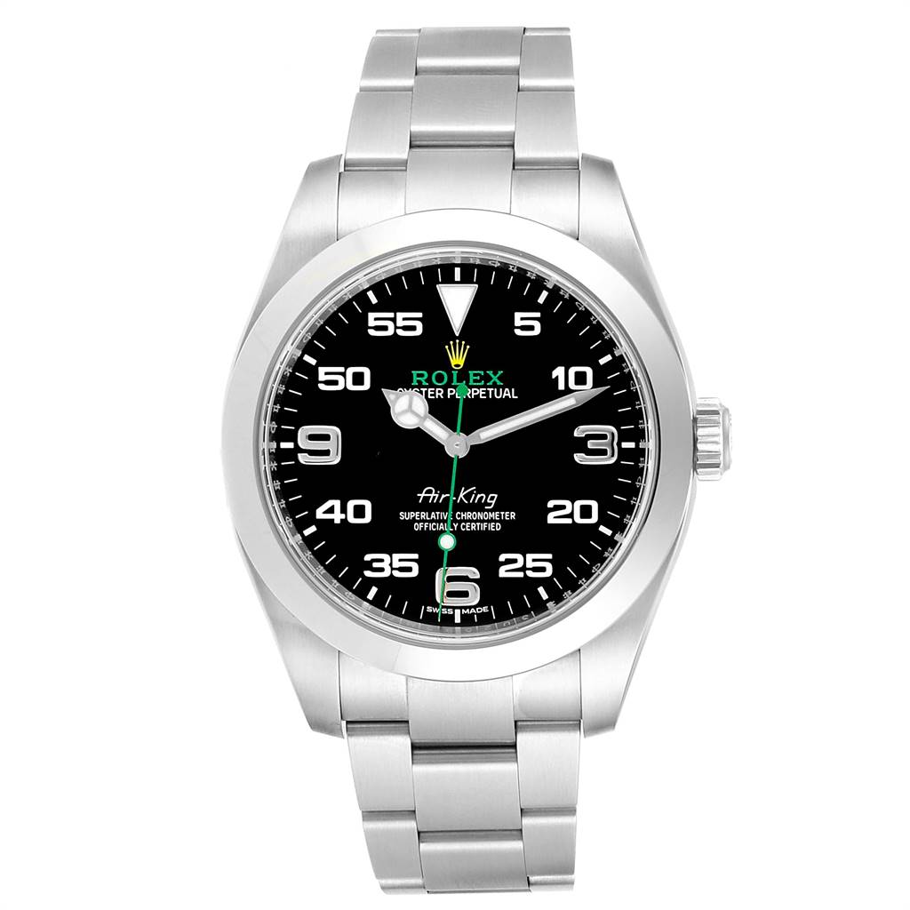 This image shows a front view of the Rolex Air-King 116900 Men's Stainless Steel Black Dial 116900 Men's Stainless Steel Black Dial watch, displaying the face, bezel, and bracelet.