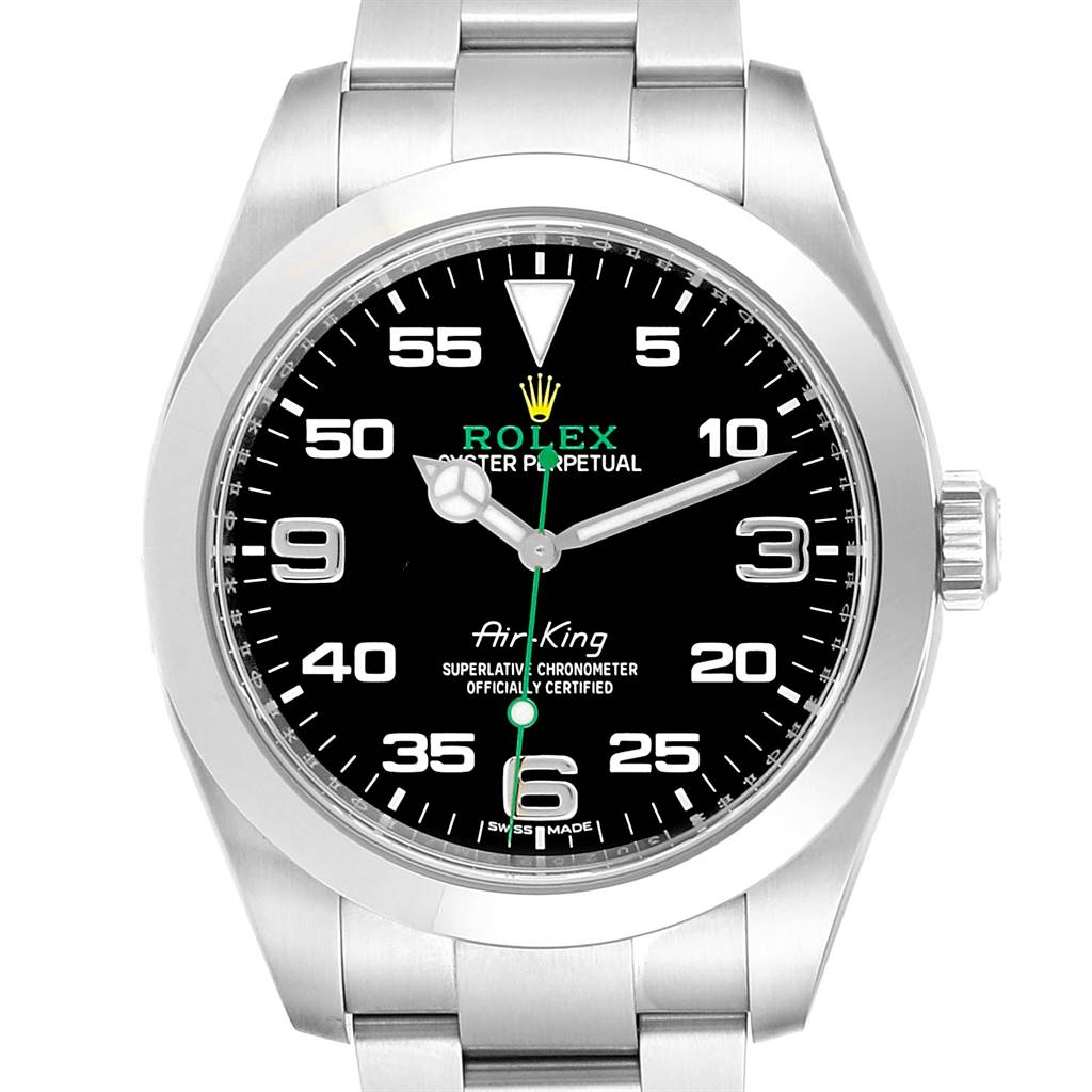 This is a front angle view of the Rolex Air-King 116900 Men's Stainless Steel Black Dial 116900 Men's Stainless Steel Black Dial watch, showcasing its dial, hands, and bracelet.