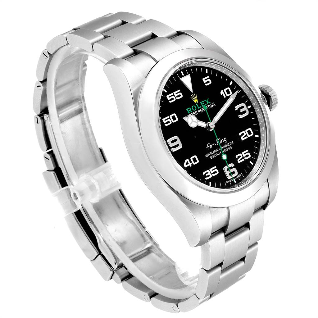 The image shows the Rolex Air-King 116900 Men's Stainless Steel Black Dial 116900 Men's Stainless Steel Black Dial watch at a three-quarter angle, highlighting its face, bezel, and bracelet.