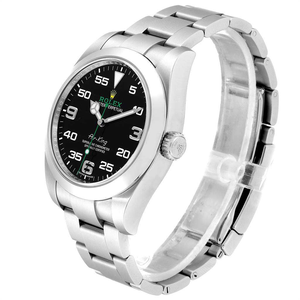 The Rolex Air-King 116900 Men's Stainless Steel Black Dial 116900 Men's Stainless Steel Black Dial watch is shown from a three-quarter angle, displaying its face, case, and bracelet.