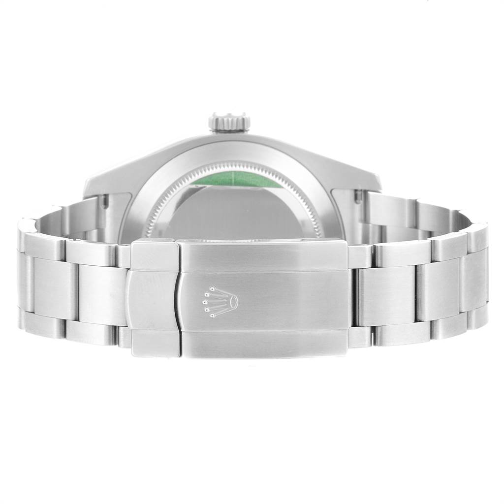 The image shows the back of a Rolex Air-King 116900 Men's Stainless Steel Black Dial 116900 Men's Stainless Steel Black Dial watch, focusing on the bracelet and the clasp with the Rolex logo.