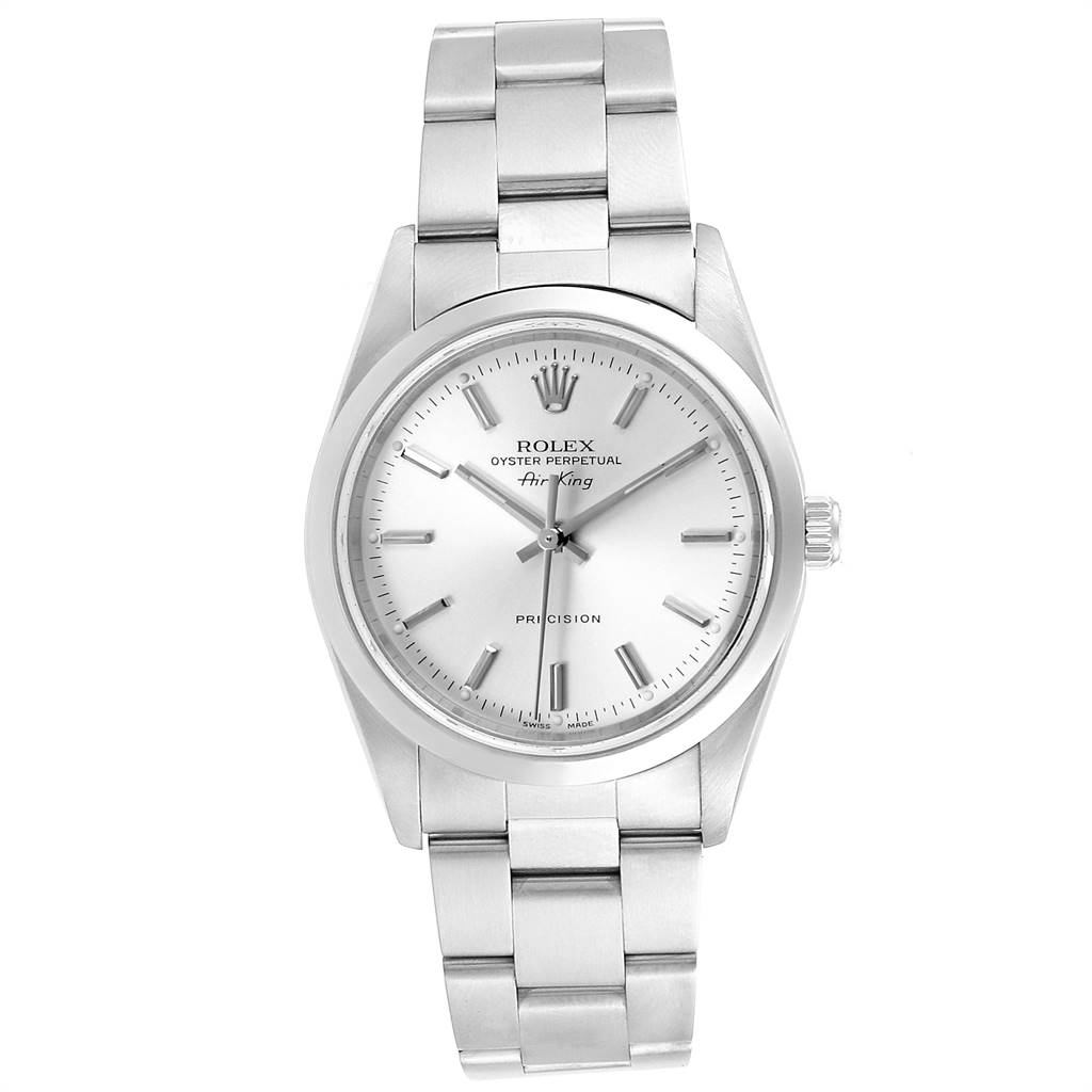 This is a front view of the Rolex Air-King 14000 Men's Stainless Steel Silver Dial 14000 Men's Stainless Steel Silver Dial watch, showing the face, bezel, and bracelet.