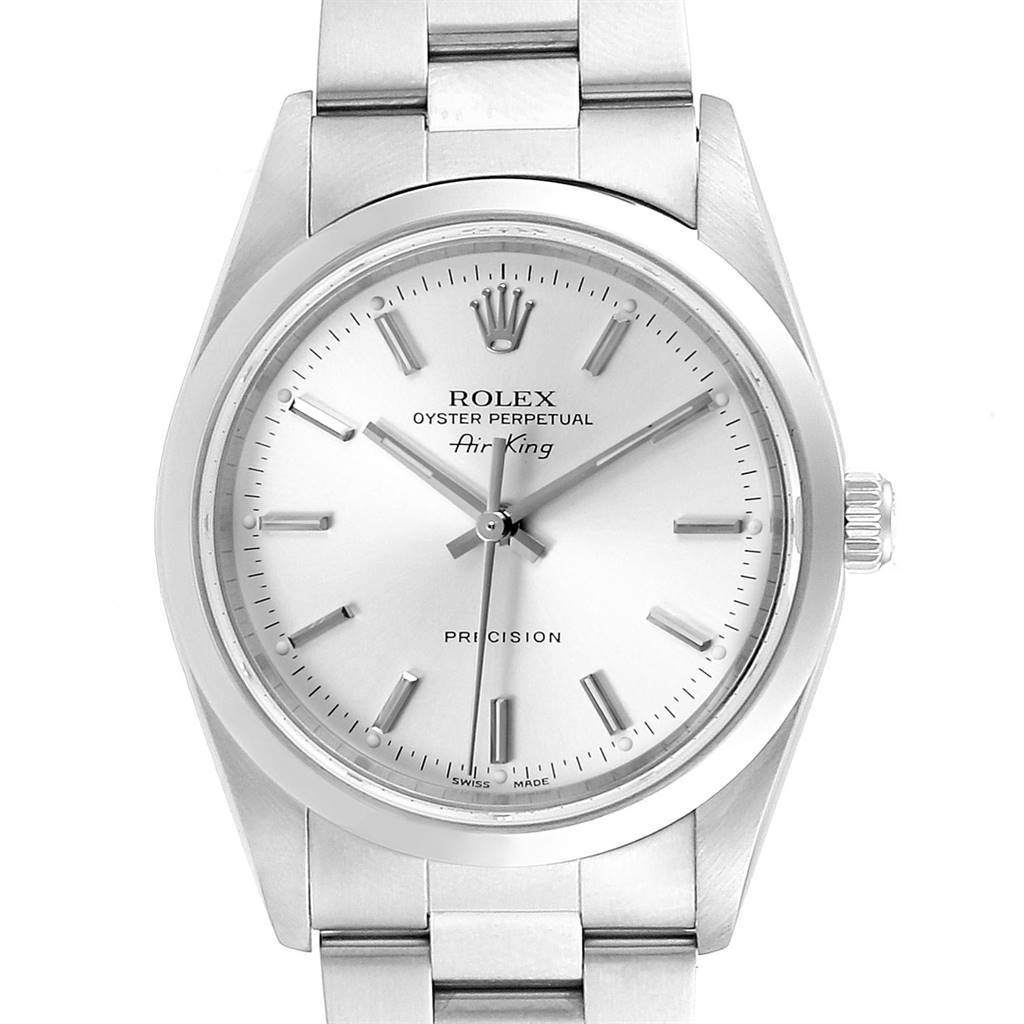 The image depicts a front view of a Rolex Air-King 14000 Men's Stainless Steel Silver Dial 14000 Men's Stainless Steel Silver Dial watch, showing the dial, hands, case, and a portion of the bracelet.