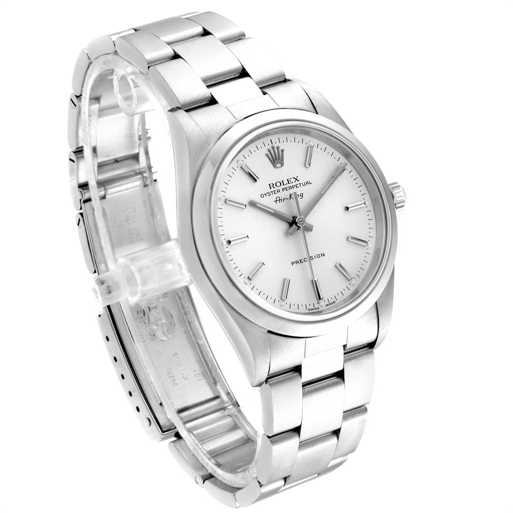 The image shows the front and partial side view of a Rolex Air-King 14000 Men's Stainless Steel Silver Dial 14000 Men's Stainless Steel Silver Dial watch, including its bracelet and clasp.