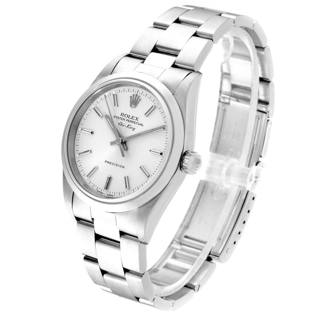 This image shows a Rolex Air-King 14000 Men's Stainless Steel Silver Dial 14000 Men's Stainless Steel Silver Dial watch at an angle displaying its face, crown, bracelet, and clasp.