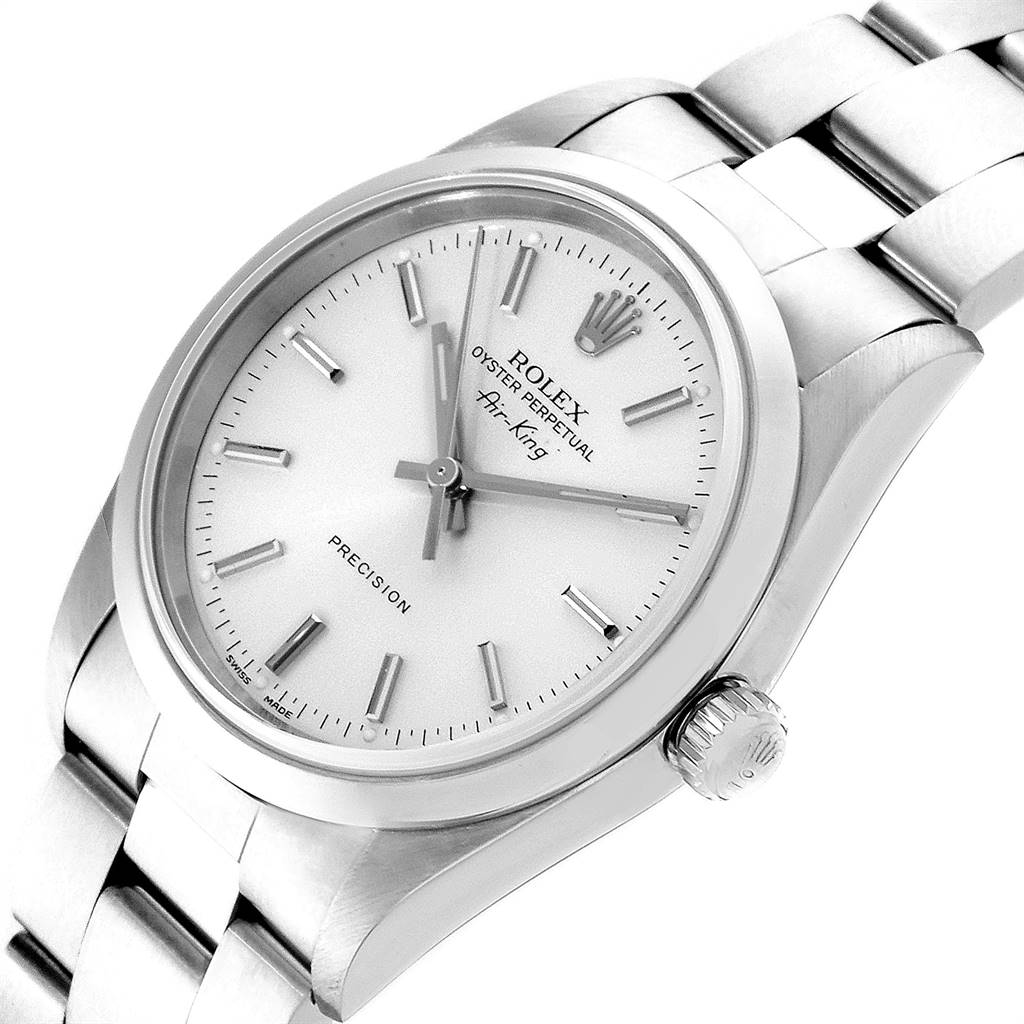 The image shows a close-up angle of a Rolex Air-King 14000 Men's Stainless Steel Silver Dial 14000 Men's Stainless Steel Silver Dial watch, highlighting the dial, crown, and part of the bracelet.