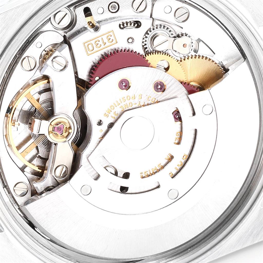 Close-up view of the movement mechanism of the Rolex Air-King 14000 Men's Stainless Steel Black Dial 14000 Men's Stainless Steel Black Dial watch, showing gears and intricate components.