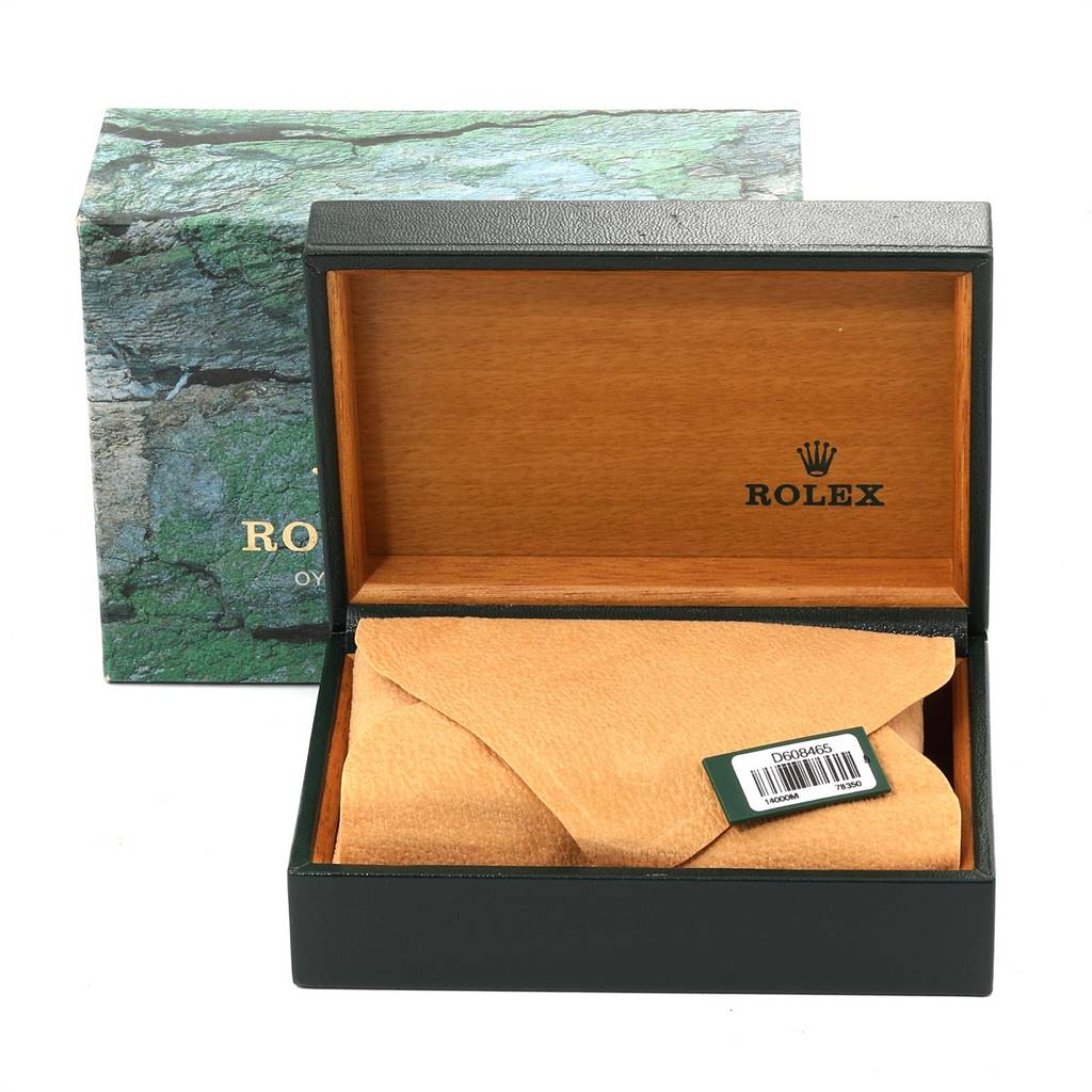 The image shows an open Rolex Air-King 14000 Men's Stainless Steel Black Dial 14000 Men's Stainless Steel Black Dial watch box with a cloth pouch inside.