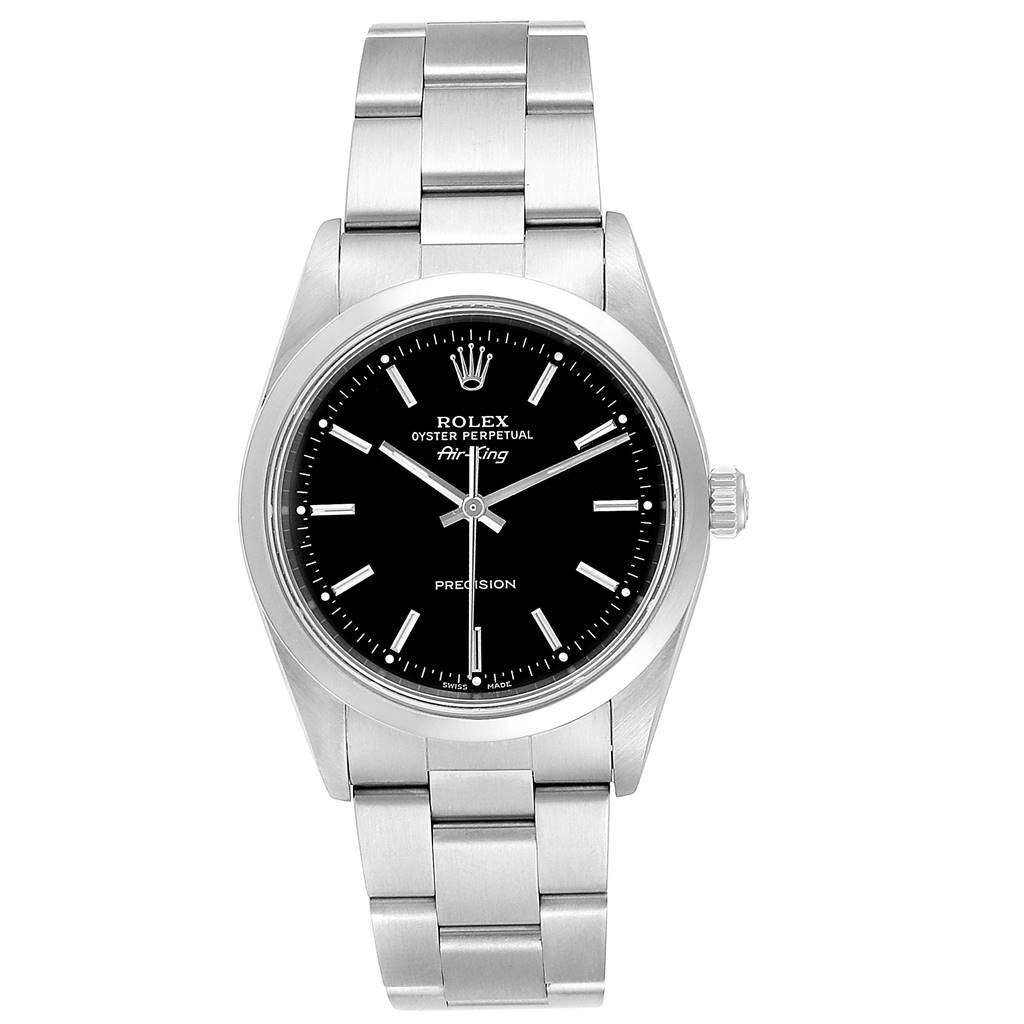 The image shows a Rolex Air-King 14000 Men's Stainless Steel Black Dial 14000 Men's Stainless Steel Black Dial watch, front view, displaying the dial, hands, hour markers, case, and bracelet.