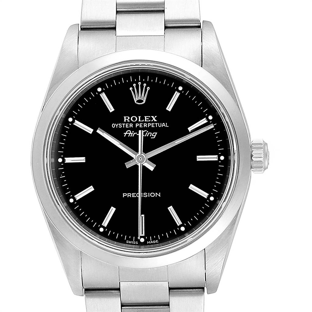 The image shows a front view of a Rolex Air-King 14000 Men's Stainless Steel Black Dial 14000 Men's Stainless Steel Black Dial watch, highlighting its black dial, silver hands, and metallic bracelet.