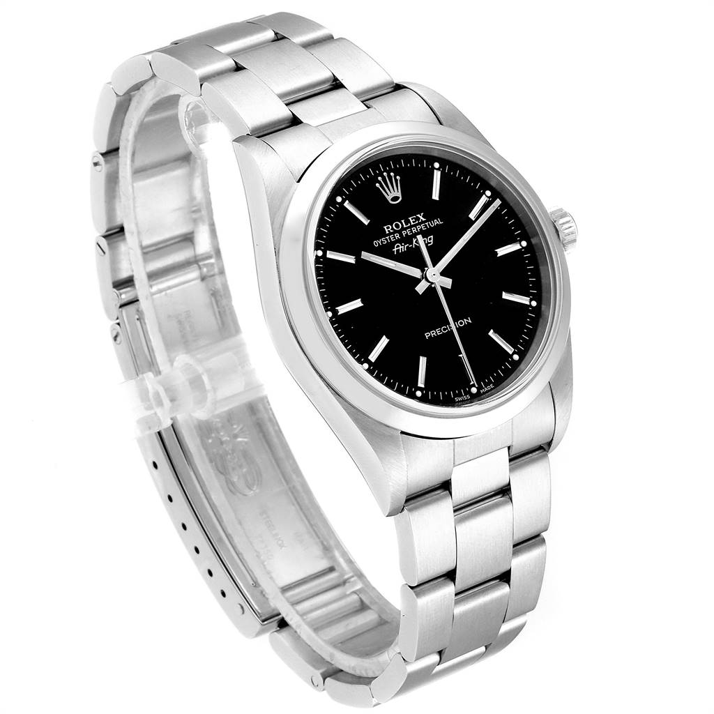 This Rolex Air-King 14000 Men's Stainless Steel Black Dial 14000 Men's Stainless Steel Black Dial watch is shown at a slight angle, highlighting the face, case, crown, and metal bracelet.