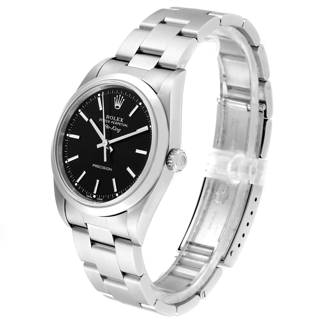 This image shows the Rolex Air-King 14000 Men's Stainless Steel Black Dial 14000 Men's Stainless Steel Black Dial watch at a slight angle, highlighting the dial, crown, case, and bracelet.