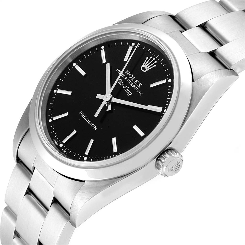 The image shows a Rolex Air-King 14000 Men's Stainless Steel Black Dial 14000 Men's Stainless Steel Black Dial watch angled slightly from the front, displaying the dial, crown, and part of the bracelet.