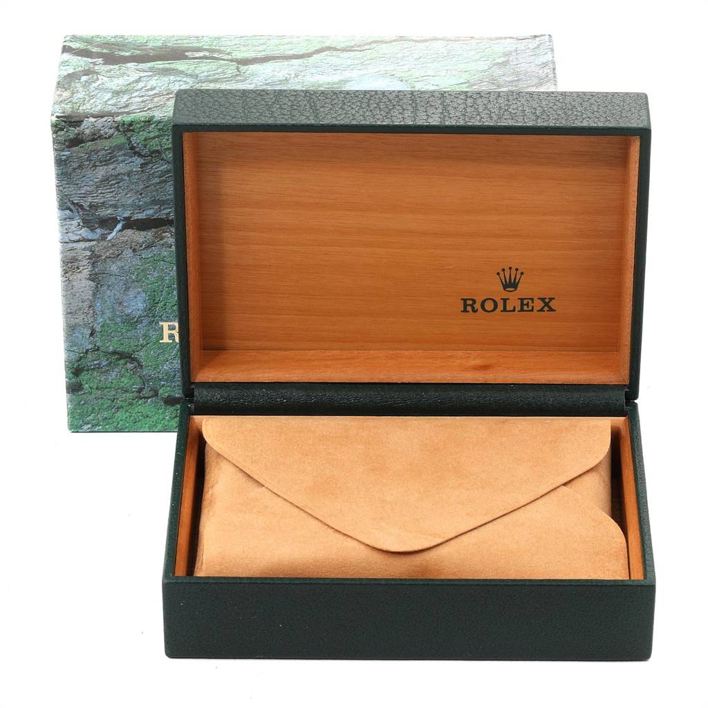 The image shows a Rolex Air-King 14000 Men's Stainless Steel Pink Dial 14000 Men's Stainless Steel Pink Dial watch box and a suede pouch, with the box lid open revealing the Rolex logo.
