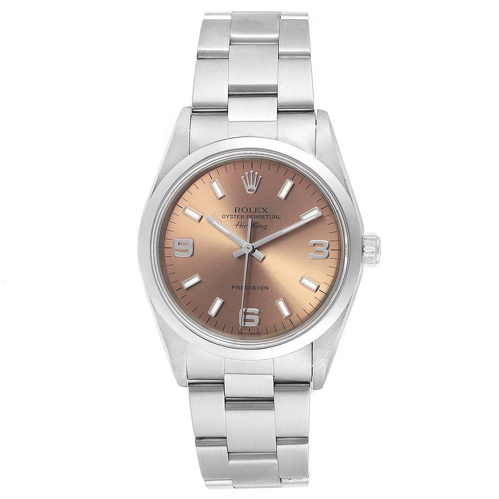 The image shows a Rolex Air-King 14000 Men's Stainless Steel Pink Dial 14000 Men's Stainless Steel Pink Dial watch, displaying its dial, case, crown, and bracelet, viewed from the front.