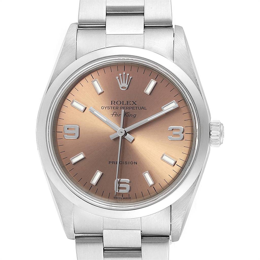 The image shows a front view of a Rolex Air-King 14000 Men's Stainless Steel Pink Dial 14000 Men's Stainless Steel Pink Dial watch featuring its dial, case, hands, crown, and part of the bracelet.