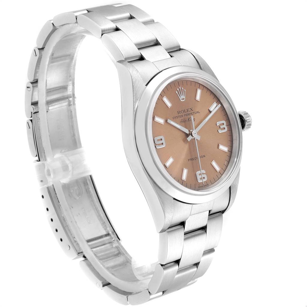 The Rolex Air-King 14000 Men's Stainless Steel Pink Dial 14000 Men's Stainless Steel Pink Dial watch is shown at a three-quarter angle, displaying the face, bezel, crown, and bracelet.