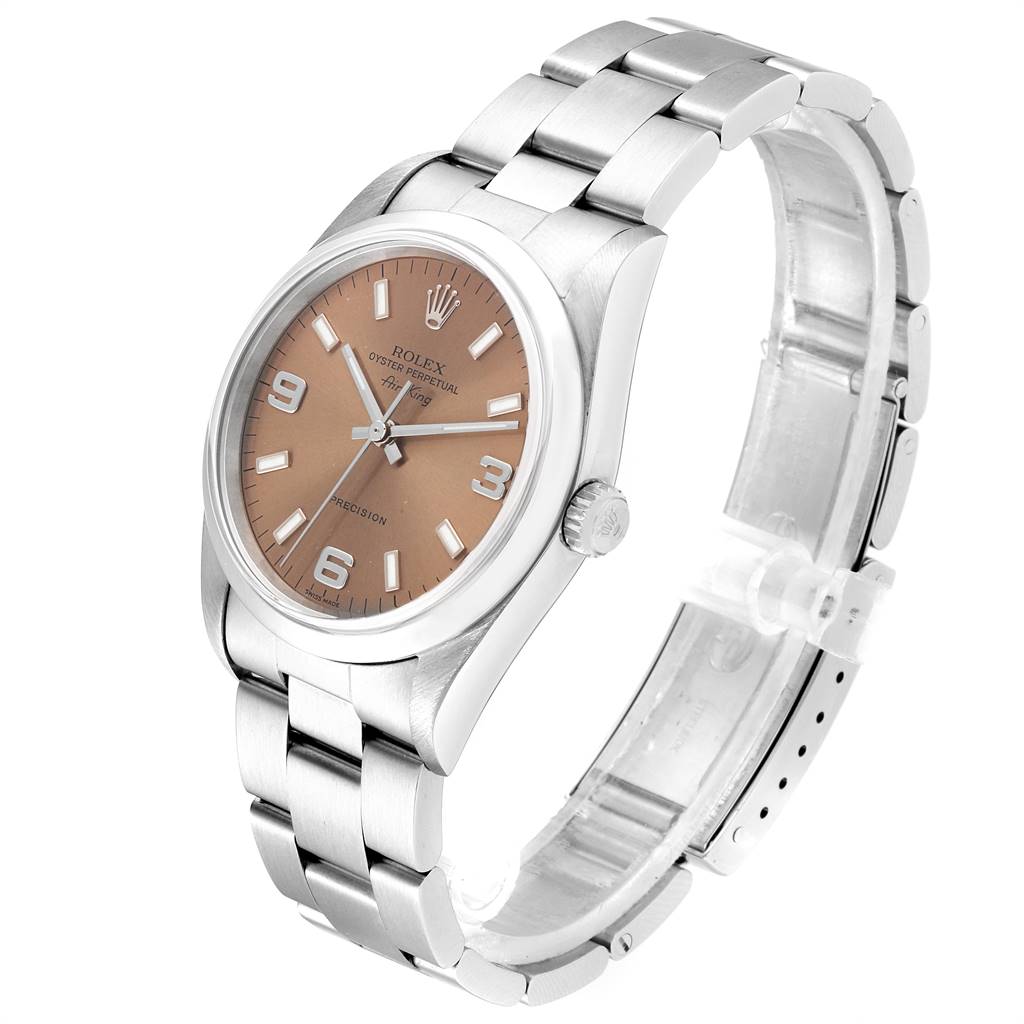 The Rolex Air-King 14000 Men's Stainless Steel Pink Dial 14000 Men's Stainless Steel Pink Dial watch is shown from a three-quarter angle, highlighting the face, case, and bracelet.