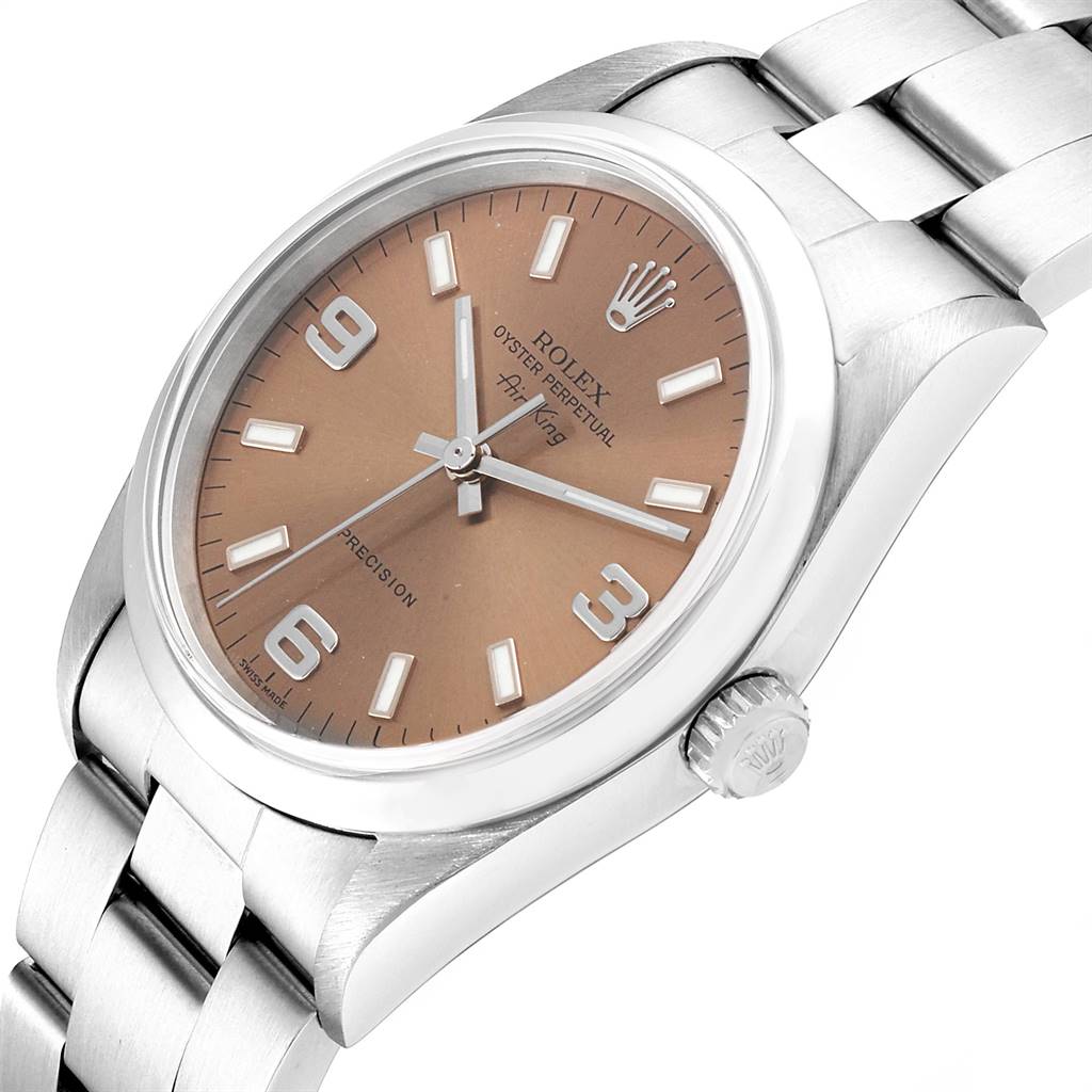 The image shows a Rolex Air-King 14000 Men's Stainless Steel Pink Dial 14000 Men's Stainless Steel Pink Dial watch angled slightly from top-left, highlighting the dial, casing, and part of the bracelet.