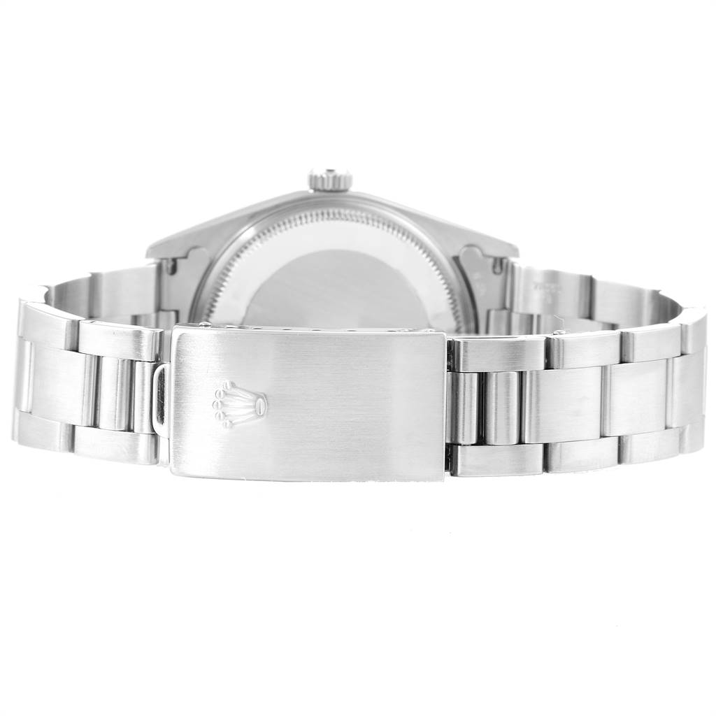 This image shows the back view of a Rolex Air-King 14000 Men's Stainless Steel Pink Dial 14000 Men's Stainless Steel Pink Dial watch featuring the bracelet and clasp.