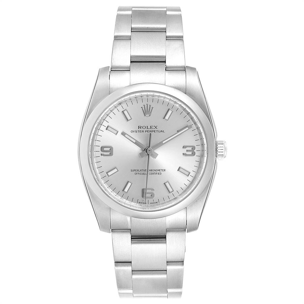 The image shows a front view of the Rolex Oyster Perpetual 114200 Men's Stainless Steel Silver Dial 114200 Men's Stainless Steel Silver Dial watch, highlighting its face, bezel, and bracelet.