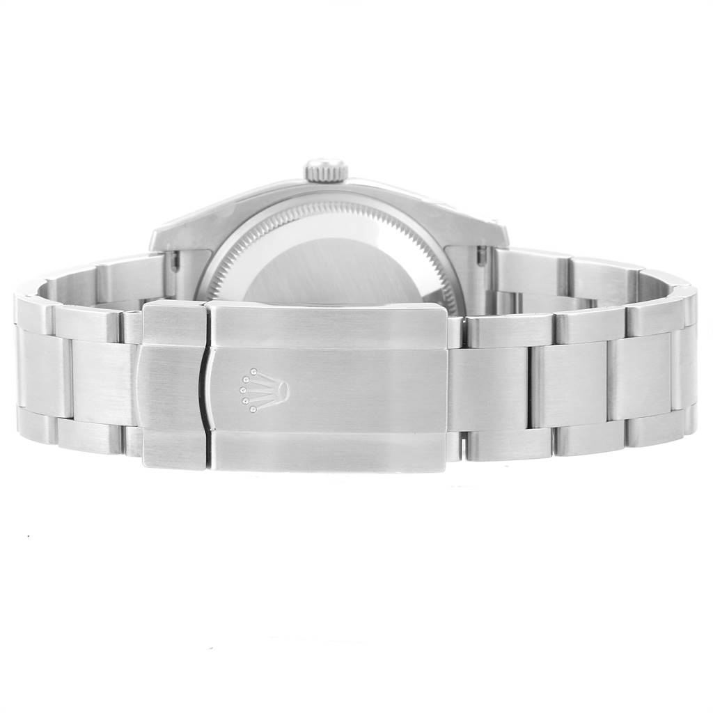 This image shows the back view of a Rolex Oyster Perpetual 114200 Men's Stainless Steel Silver Dial 114200 Men's Stainless Steel Silver Dial watch, highlighting the clasp and bracelet.