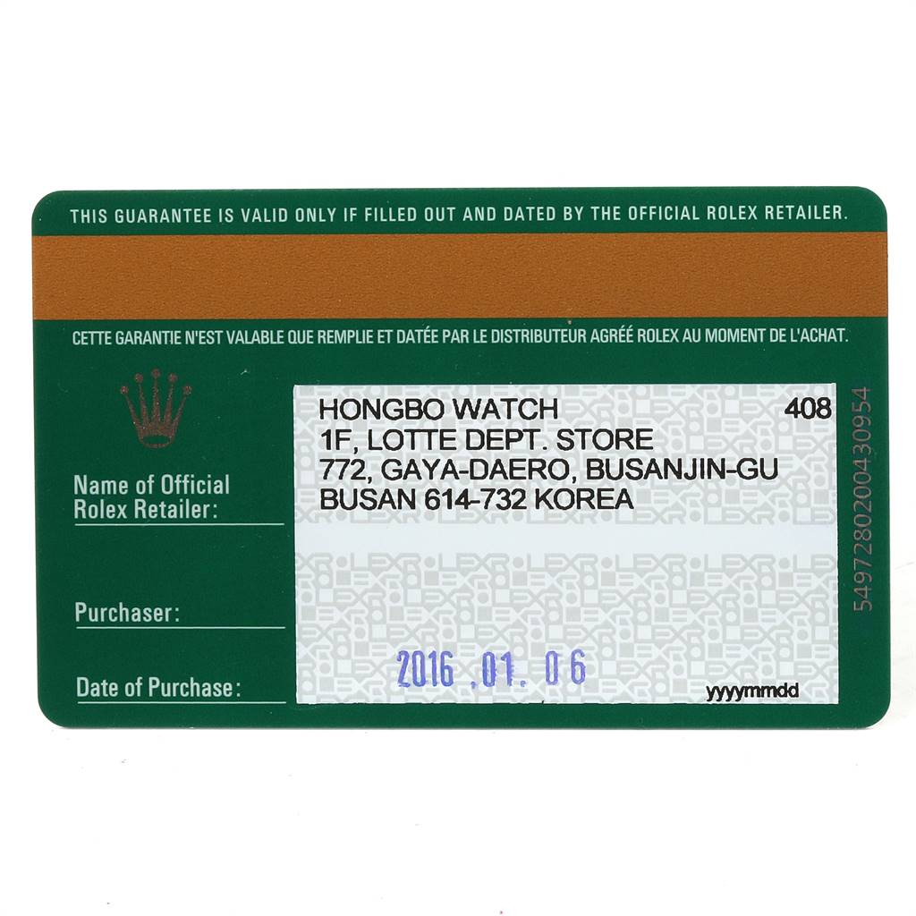 This image shows a guarantee card with retailer information for a Rolex Oyster Perpetual 114200 Men's Stainless Steel Silver Dial 114200 Men's Stainless Steel Silver Dial watch.