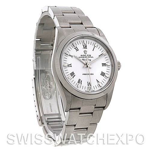 The image shows a side angle view of a Rolex Air-King 14000M Men's Stainless Steel Silver Dial 14000M Men's Stainless Steel Silver Dial watch showcasing its face, bezel, and bracelet.