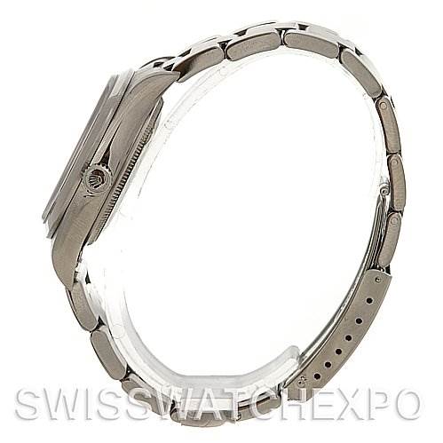 This image shows a side view of the Rolex Air-King 14000M Men's Stainless Steel Silver Dial 14000M Men's Stainless Steel Silver Dial watch, highlighting its case, crown, and stainless steel bracelet.