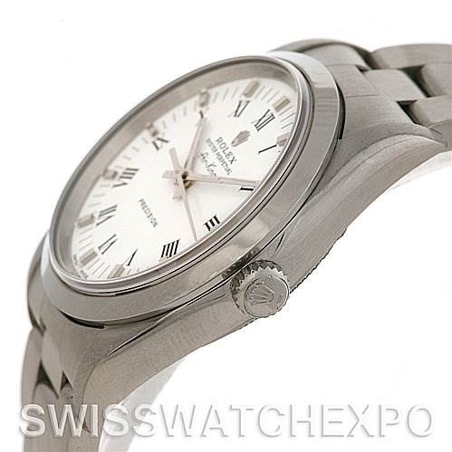 The angle shows the side profile and part of the face and bracelet of the Rolex Air-King 14000M Men's Stainless Steel Silver Dial 14000M Men's Stainless Steel Silver Dial watch.