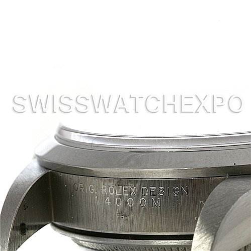 The image shows a close-up side view of the case of a Rolex Air-King 14000M Men's Stainless Steel Silver Dial 14000M Men's Stainless Steel Silver Dial watch, highlighting the engraving and case design.