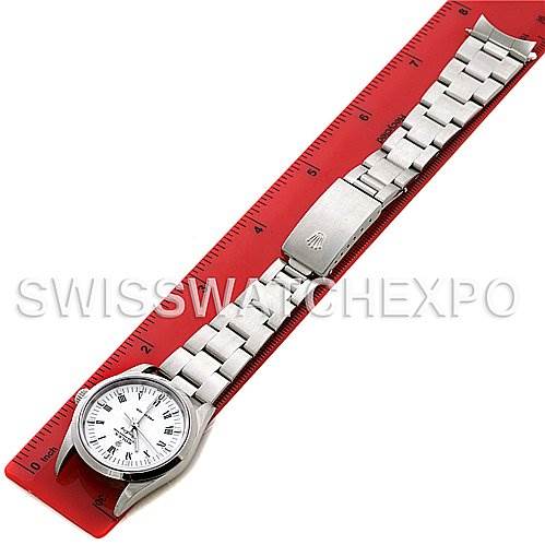The image shows a Rolex Air-King 14000M Men's Stainless Steel Silver Dial 14000M Men's Stainless Steel Silver Dial watch from a top-down angle, highlighting the face, bracelet, and clasp, with a red ruler for scale.