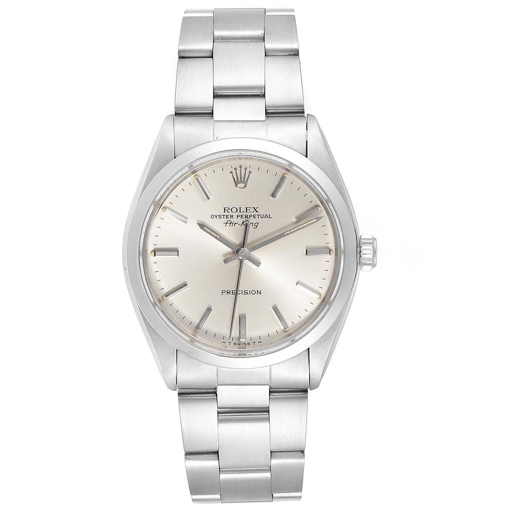 This image shows a front view of a Rolex Air-King 5500 Men's Stainless Steel Silver Dial 5500 Men's Stainless Steel Silver Dial watch, displaying its face and metal bracelet.